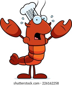 A cartoon illustration of a crawfish chef looking scared.