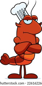 A cartoon illustration of a crawfish chef looking bored.