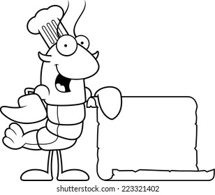 A cartoon illustration of a crawfish chef with a paper recipe.