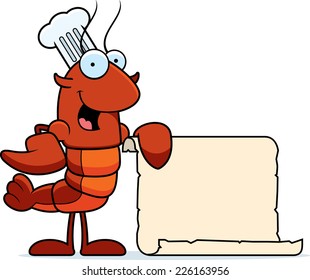 A cartoon illustration of a crawfish chef with a paper recipe.