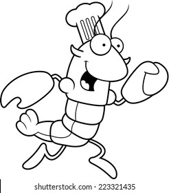 A cartoon illustration of a crawfish chef running.