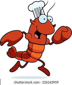 A cartoon illustration of a crawfish chef running.