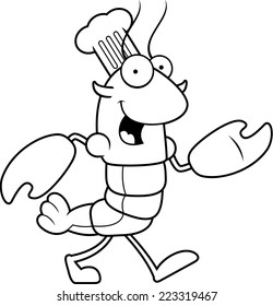 A cartoon illustration of a crawfish chef walking.