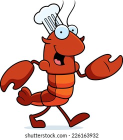 A cartoon illustration of a crawfish chef walking.