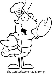 A cartoon illustration of a crawfish chef waving.