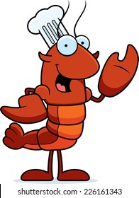 A cartoon illustration of a crawfish chef waving.