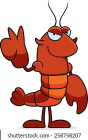 A cartoon illustration of a crawfish giving the peace sign.