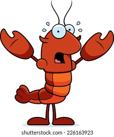 A cartoon illustration of a crawfish looking scared.