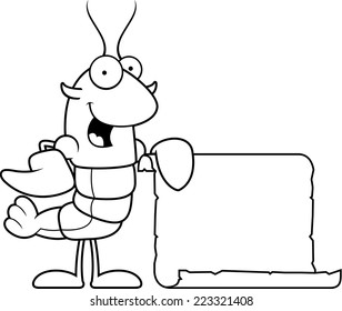 A cartoon illustration of a crawfish with a paper recipe.