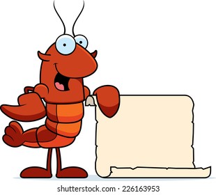 A cartoon illustration of a crawfish with a paper recipe.