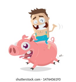 cartoon illustration of a crazy farmer riding on a pig