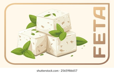 Cartoon illustration of creamy feta cheese cubes garnished with fresh basil leaves for Mediterranean-themed design. Gourmet vector icon on cream background for menus, foodie blogs