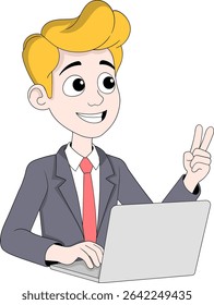 Cartoon illustration of a creative office worker sitting in front of a laptop, explaining or presenting an idea.
