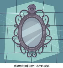 Cartoon Illustration Of The Creepy Retro Mirror With Skull. 