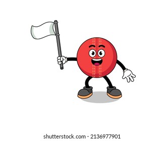 Cartoon Illustration of cricket ball holding a white flag , character design