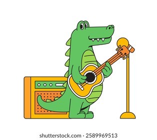 Cartoon illustration of a crocodile playing a guitar in front of an amplifier vector design
