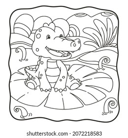 cartoon illustration crocodile sitting on lotus flower coloring book or page for kids black and white