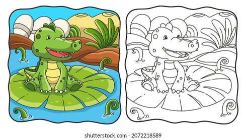 cartoon illustration crocodile sitting on lotus flower coloring book or page for kids
