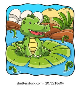 cartoon illustration crocodile sitting on lotus flower