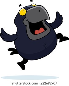 A cartoon illustration of a crow jumping and smiling.