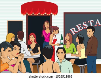 Cartoon Illustration Of A Crowded Street Restaurant