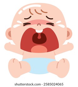 A cartoon illustration of a crying baby sitting in a diaper with tears streaming down its face and mouth wide open.