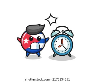 Cartoon Illustration of cuba flag badge is surprised with a giant alarm clock , cute style design for t shirt, sticker, logo element
