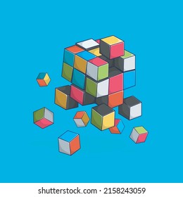 Ilustración de dibujos animados de un cubo sobre un fondo turquesa claro,diseño vectorial