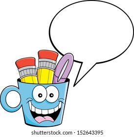 Cartoon illustration of a cup holding pencils and a pen with a caption balloon.