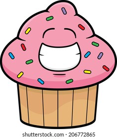 Cartoon illustration of a cupcake with a big grin. 