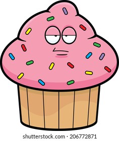 Cartoon illustration of a cupcake with a grumpy expression. 