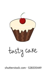 Cartoon illustration of a cupcake with icing and a cherry. The inscription "tasty cake"