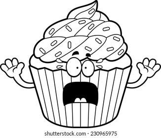 A cartoon illustration of a cupcake looking scared.