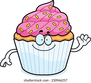 A cartoon illustration of a cupcake waving.
