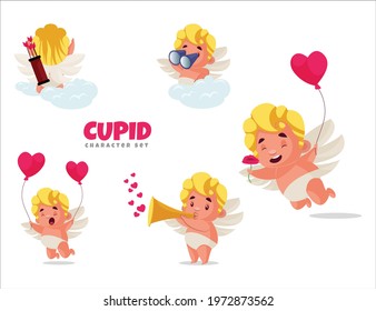 Cartoon illustration of cupid character set on white background.