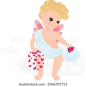 Cartoon illustration cupid, cute smiling character, cupid sitting on a cloud and scattering hearts , vector