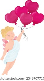 Cartoon illustration cupid, cute smiling character, cupid flying with balloons, vector