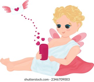 Cartoon illustration cupid, cute smiling character, cupid writes love letter in phone, vector