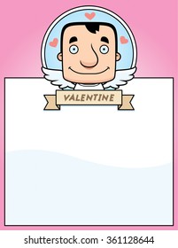 A cartoon illustration of a cupid in a Valentine's Day themed graphic.