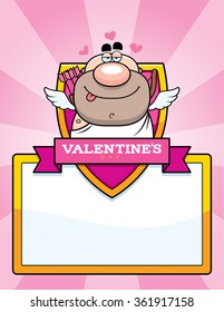A cartoon illustration of a cupid in a Valentine's Day themed graphic.
