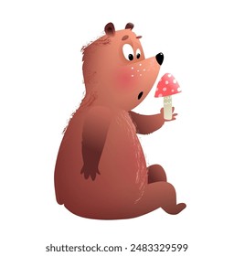 Cartoon illustration of a curious bear holding a poisonous mushroom. Funny emotional forest animal, bear character for children. Vector graphics for kids education, isolated clip art.