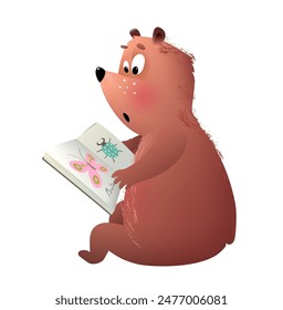 Cartoon illustration of a curious bear reading a picture book. Funny emotional animal student character for children. Vector for preschool kids and elementary education isolated clip art.