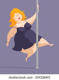 Cartoon illustration of curvy plus sized woman pole dancing