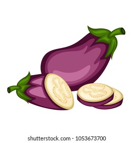 Cartoon Illustration of a Cut Eggplant. Vector Eggplant and Slice of  Eggplant Isolated on a White Background