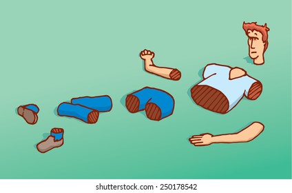 Cartoon illustration of cut man thrown on the floor into pieces