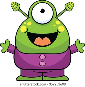 Cartoon illustration of a cute alien with a happy expression. 