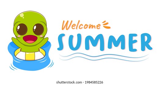 Cartoon illustration of cute alien with swim ring. Summer greeting banner