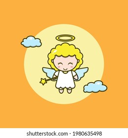 cartoon illustration of a cute angel holding a flying star stick