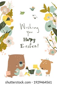 Cartoon illustration with cute animals celebrating Easter