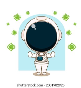 Cartoon illustration of cute astronaut character fighting against virus